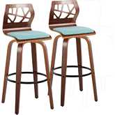 Folia 30" Swivel Bar Stool in Walnut Wood & Teal Fabric with Black Footrest (Set of 2)